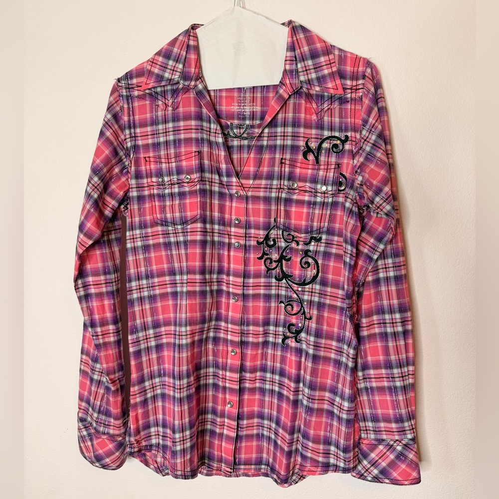 Rock 47 by Wrangler plaid purple and pink button-down